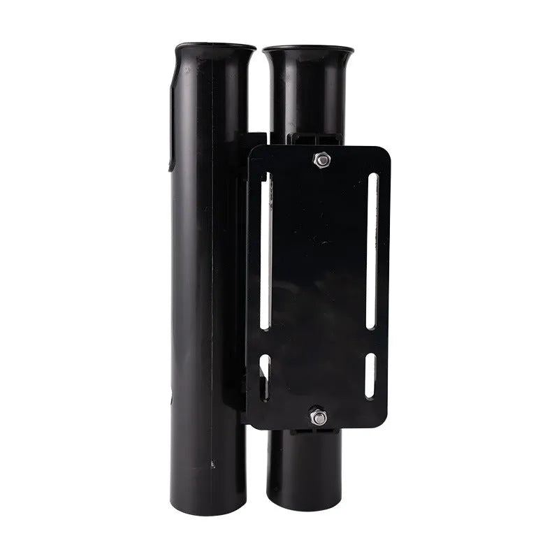 Black plastic double-layer fishing rod rack clamp mounted on a motorcycle carbon pipe frame