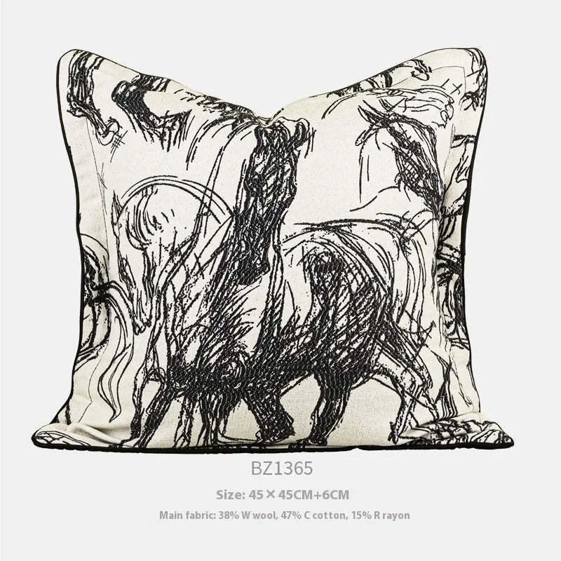 Abstract Jacquard woven horse design cushion in golden yellow, available as square or waist pillow.