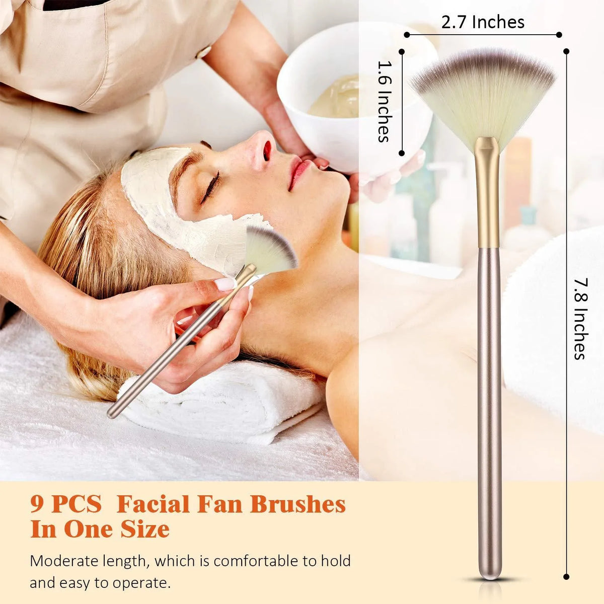 Ten champagne-finished facial fan brushes with acrylic handles and protective covers.