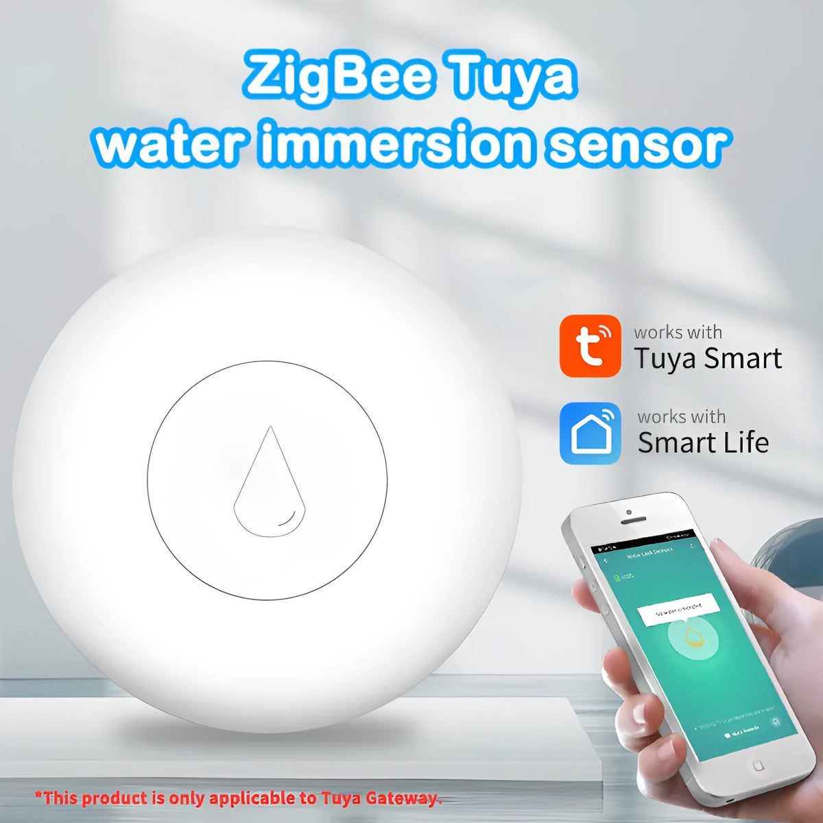 Zigbee wireless water flood sensor with compact design and CR2032 battery compartment