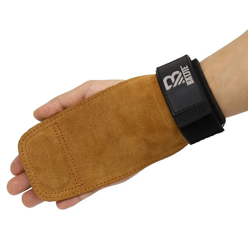 Brown leather wrist protectors for horizontal bar pull-ups and push-ups with adjustable hook-and-loop closures