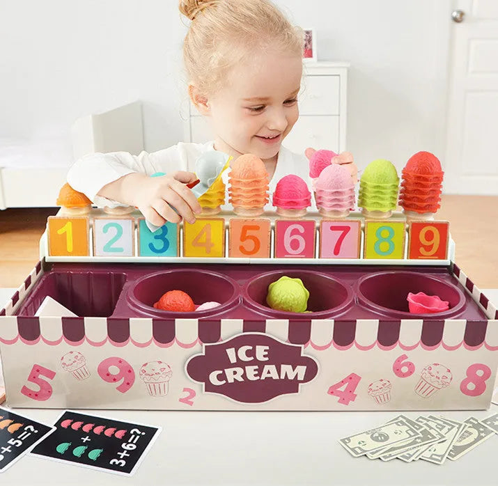 Kids ice cream math play set with colourful number sign, ice cream balls, and cards for role play