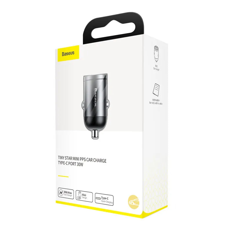 Baseus electro-optical grey 30W PPS fast car charger with single USB port and 1 metre cable