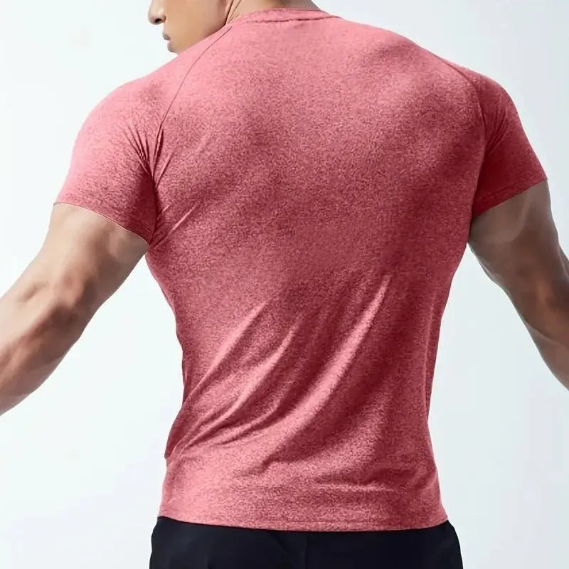 Men's stretch quick-drying round neck short sleeve T-shirt in polyester blend fabric