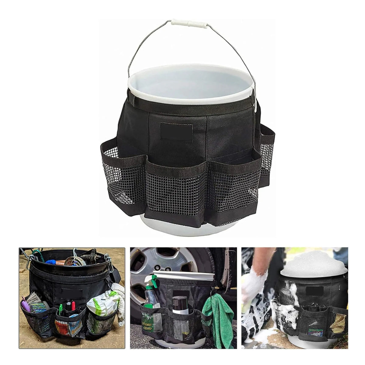 Black cylindrical polyester storage bag hanging with 5 gallon drum compatibility for car washing tools organisation