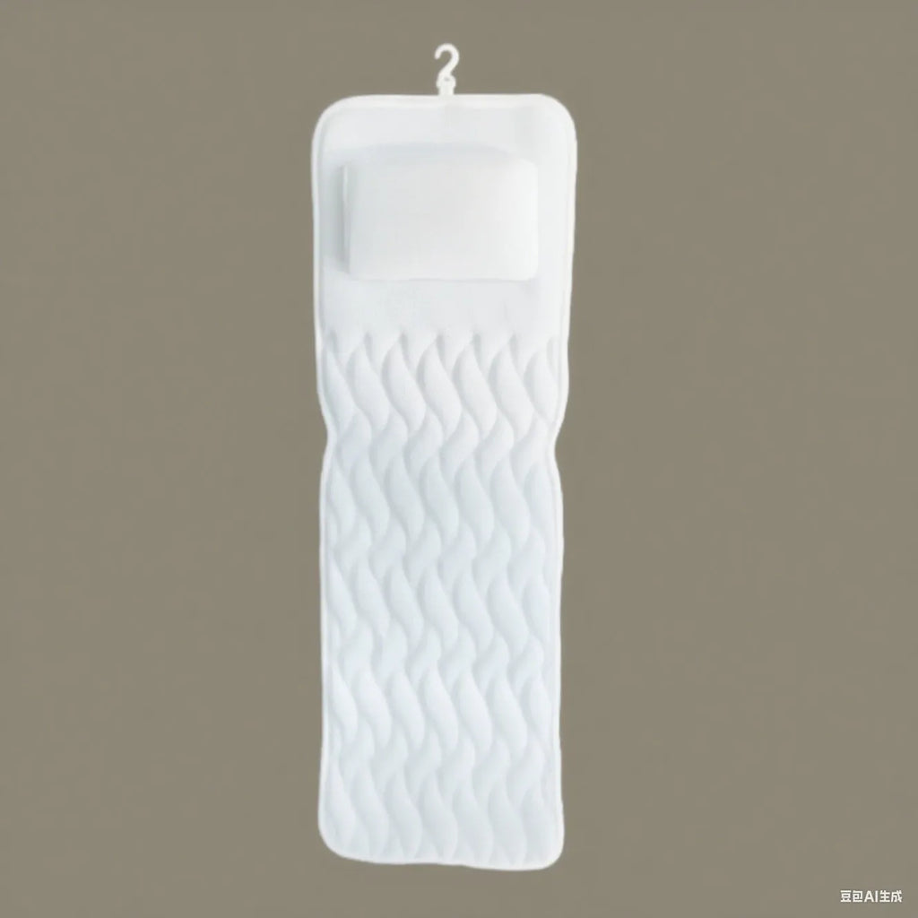 White bathtub pillow with 4D mesh material and seven suction cups showing 3D permeable construction