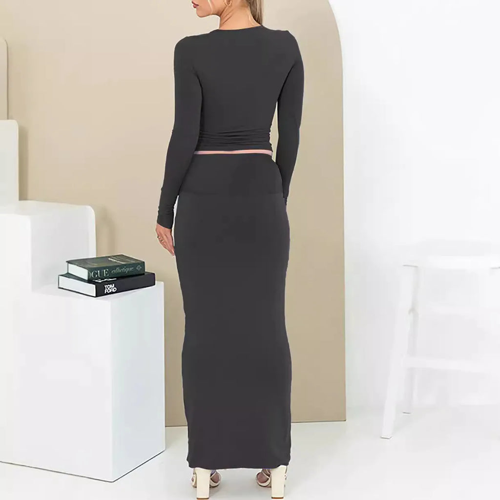 Women's autumn two-piece suit in polyester with slim fit and long skirt