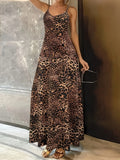 Dark brown leopard print sleeveless dress with round neck and mid-waist hip skirt silhouette