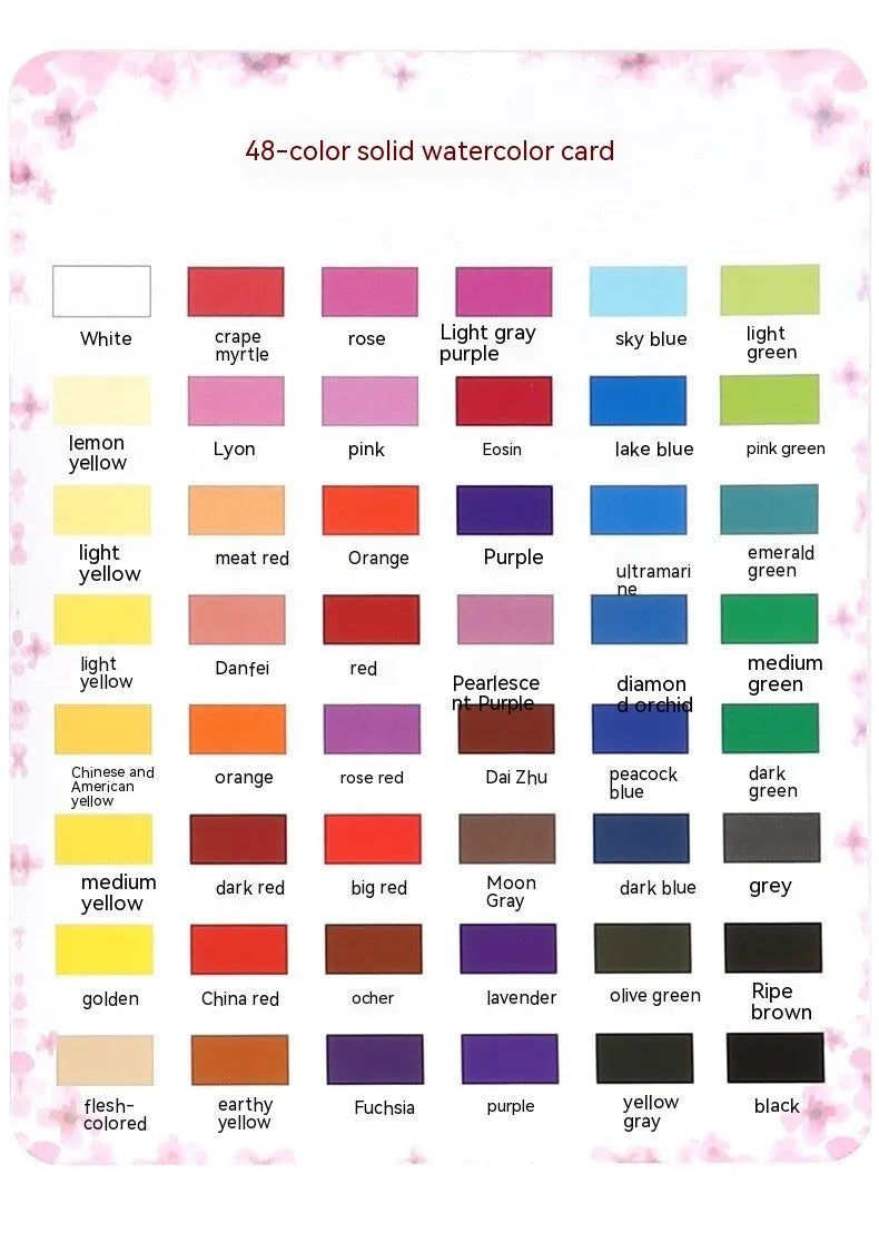 48 colour solid watercolour paint set in box showing Black Knight, Girl Pink and Sunshine Blue shades
