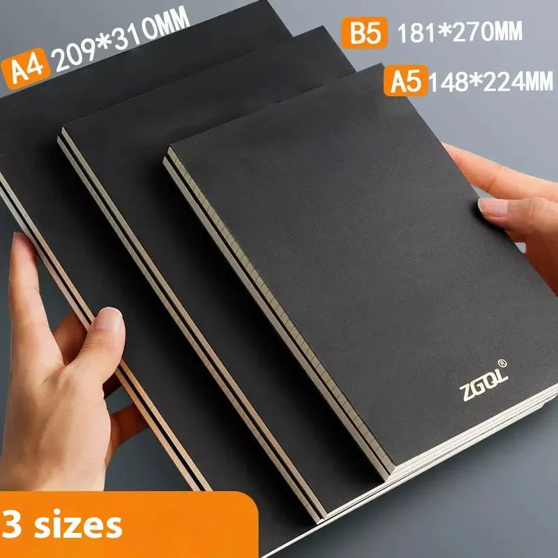 Set of A4, A5 and B5 tearable writing pads showing blank, grid and lined ruling options.