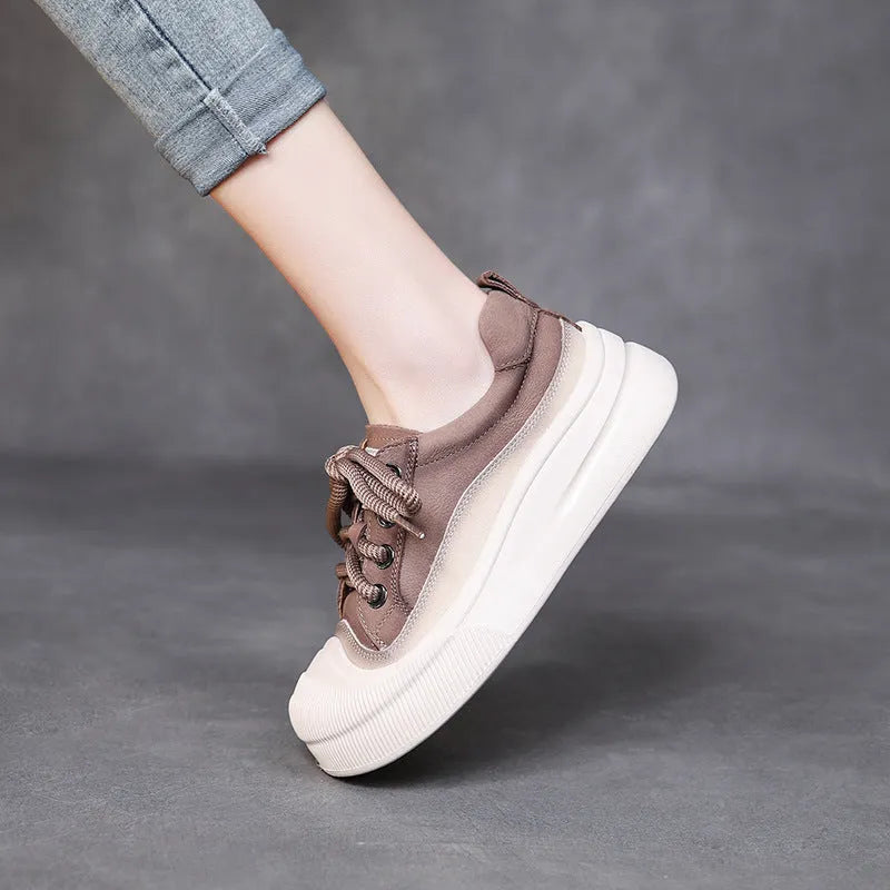 Women's yellow and cameo brown full grain cow leather lace-up casual shoes with round toe and rubber sole.