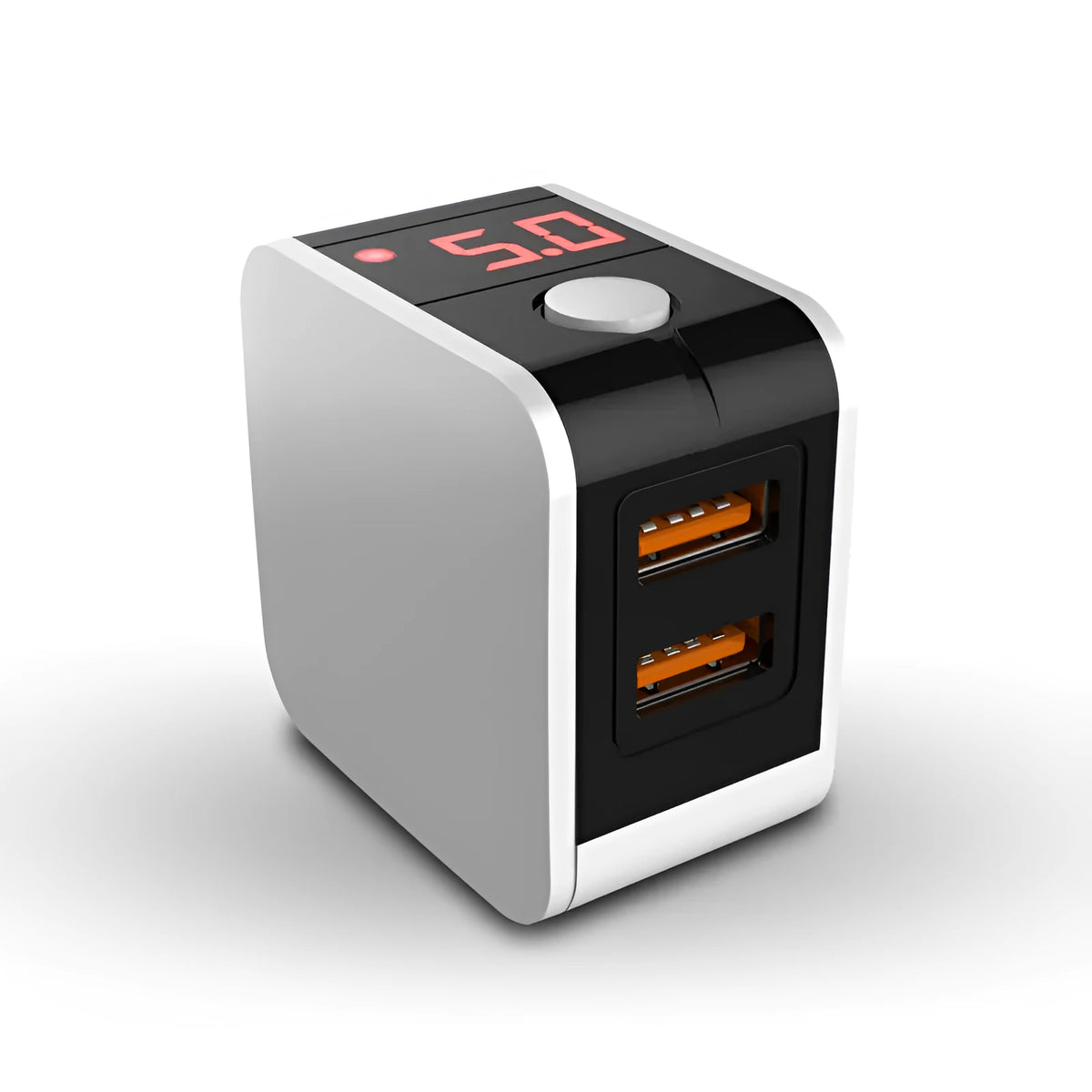 Black dual USB fast travel charger with digital display showing voltage reading and UK three-pin plug
