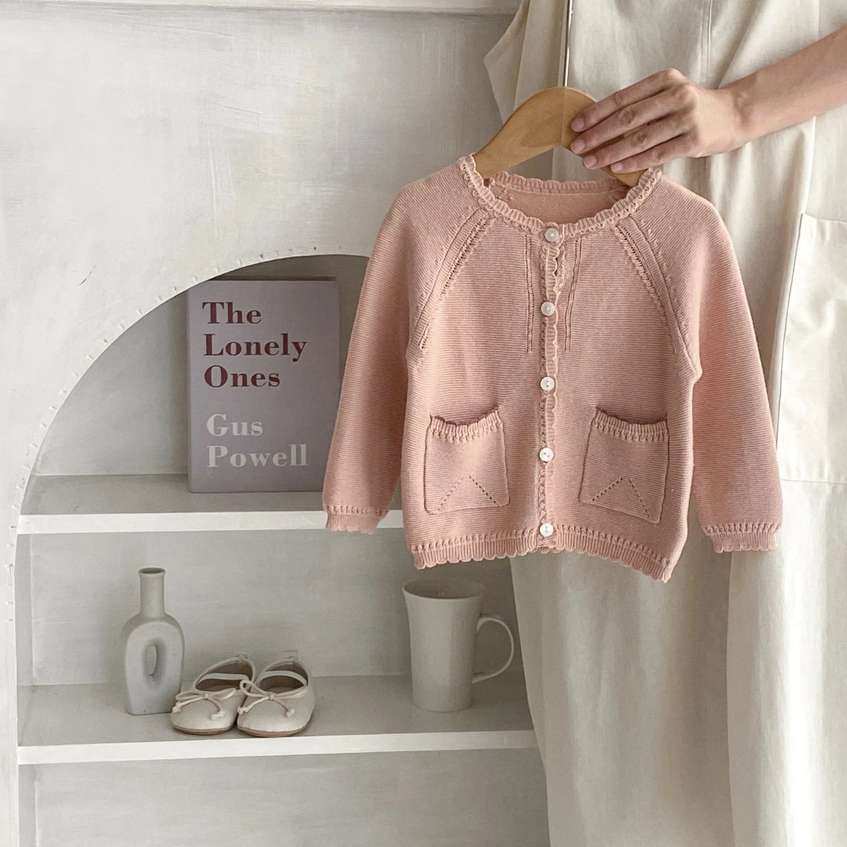 Baby girl cotton cardigan in lotus root pink, single-breasted long sleeve knitted coat for 0-3 years, sizes 66cm-100cm.