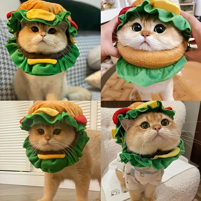 Brown burger hat costume with lettuce and cheese print on a cat, showing adjustable nylon collar.