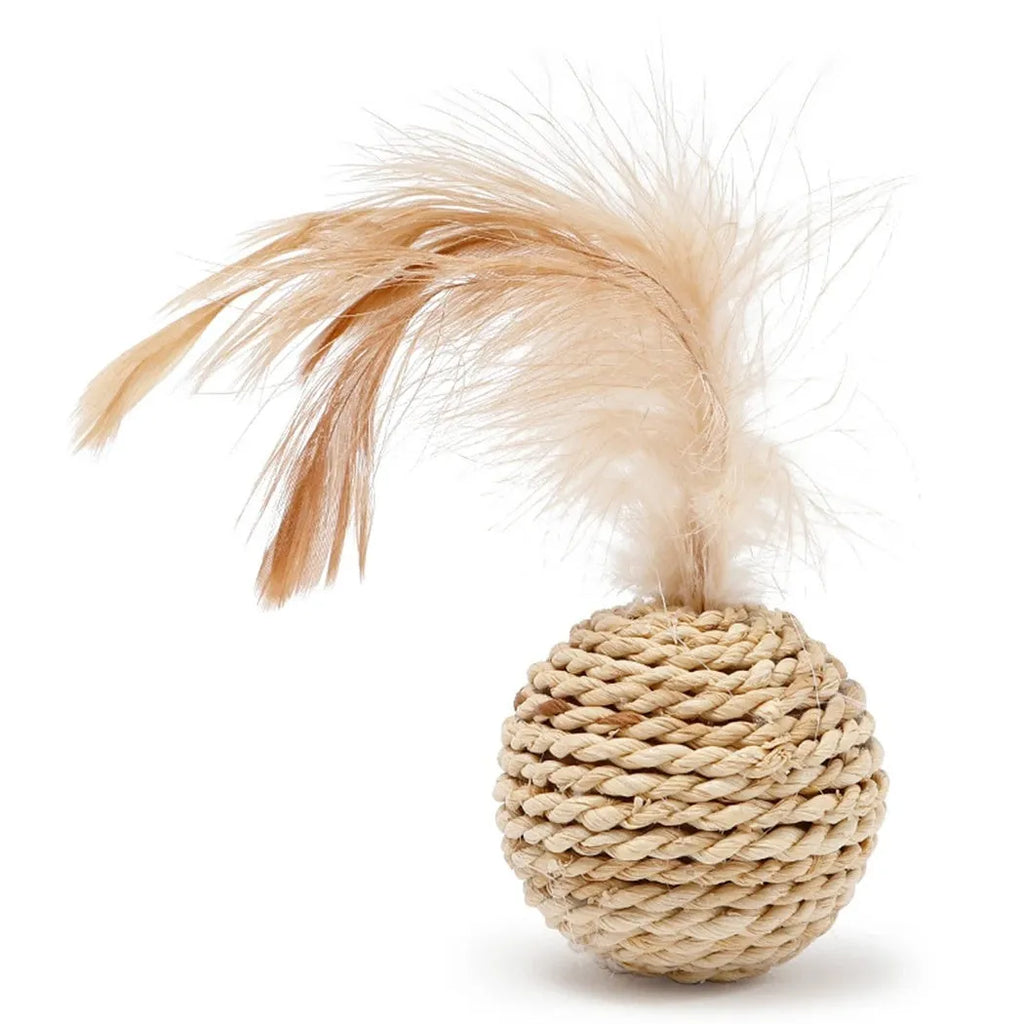 Two cat toys: rattan ball and faux feather bell ball for interactive play