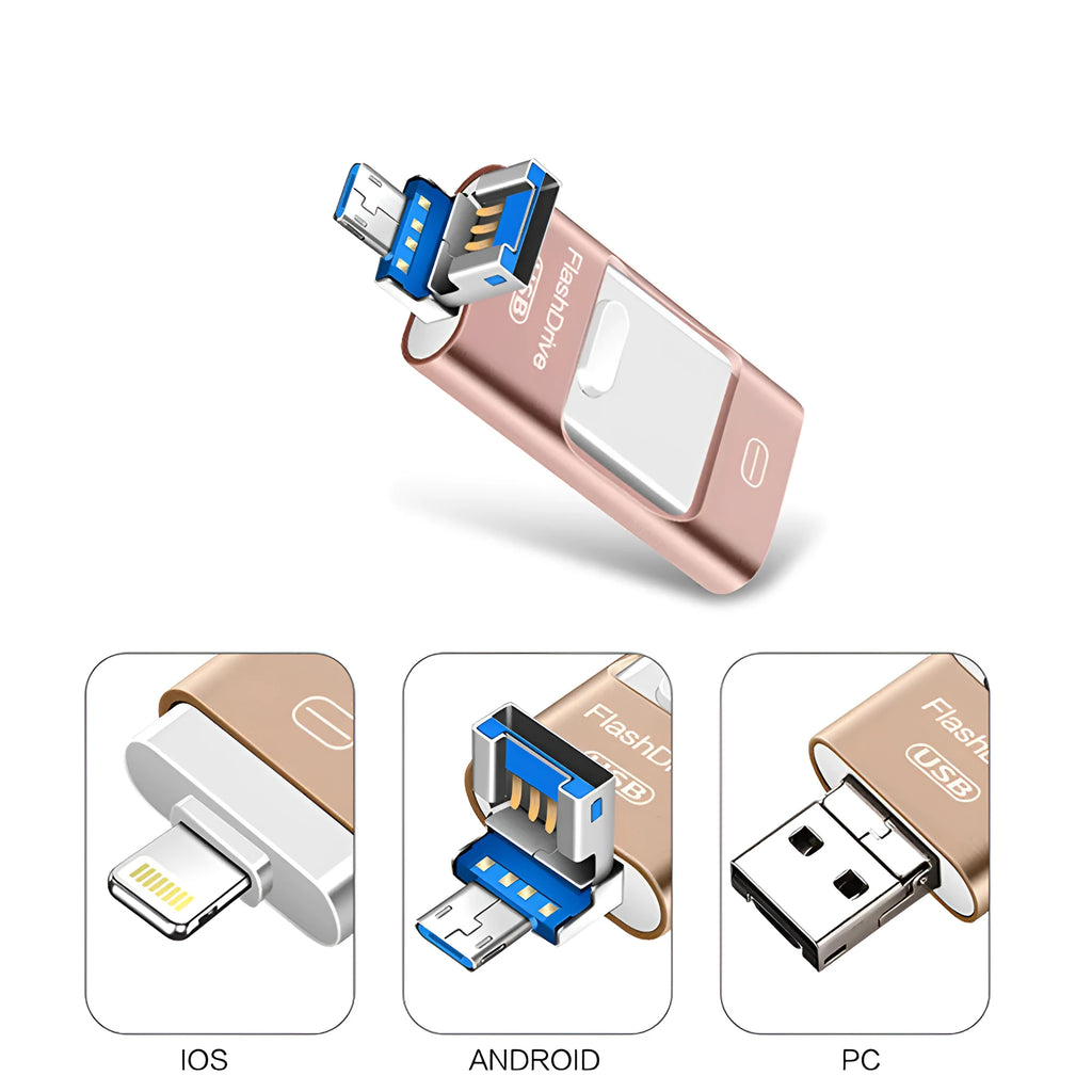 Universal three-in-one USB flash drive with metal body, shown in gold, rose gold, silver, or black, 8GB to 256GB.