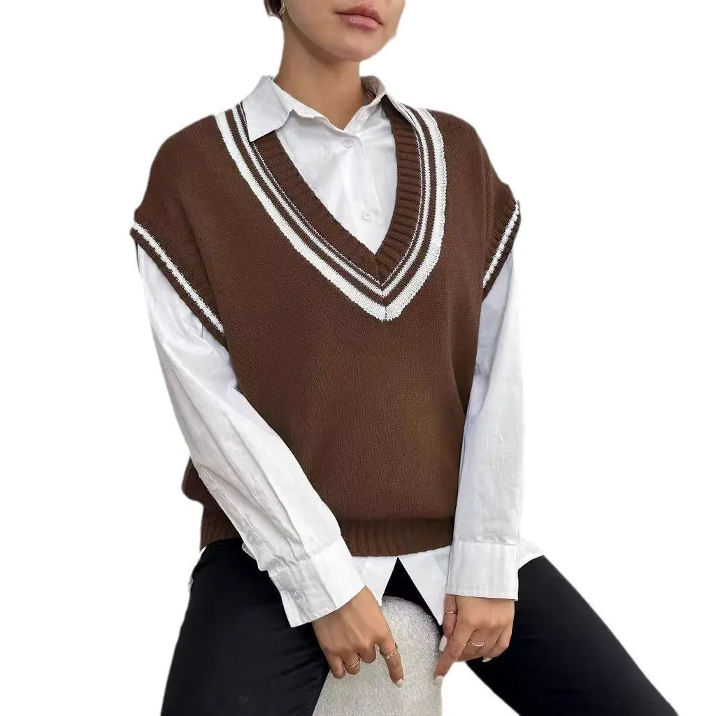 Women's college style acrylic wool vest sweater in loose fit pullover design
