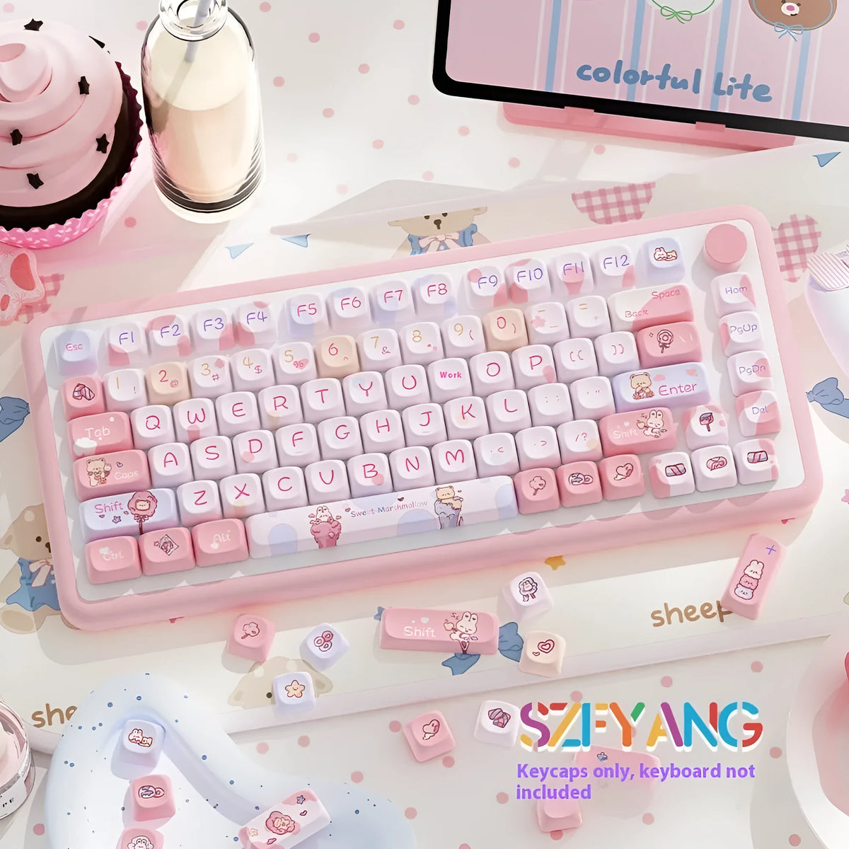 Sweet Cotton Candy mechanical keyboard keycaps in pastel pink colours for 112 or 120 key configurations