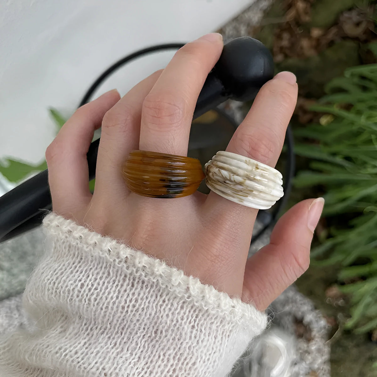 Chinese style irregular geometric resin wide ring in brown or white colour options