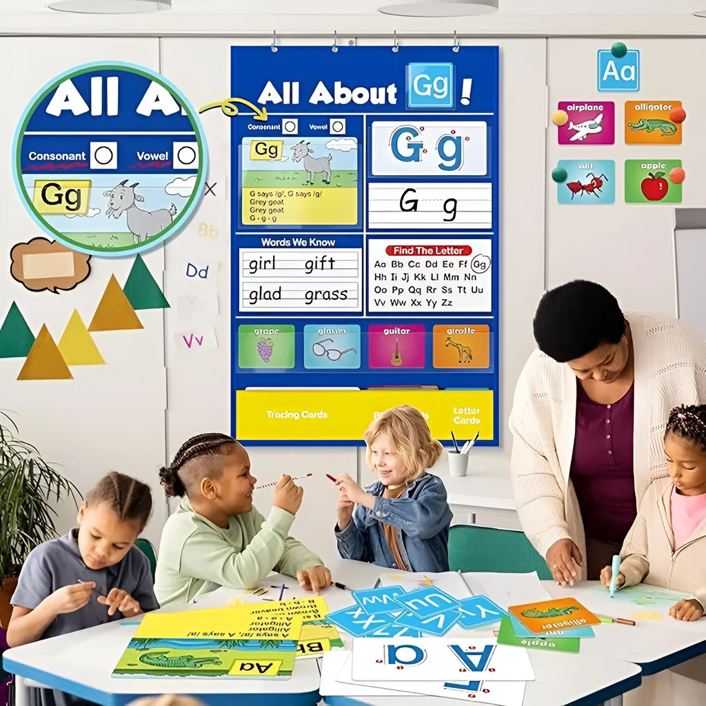 Children's alphabet learning sleeve table chart with wipe-clean surface and card set