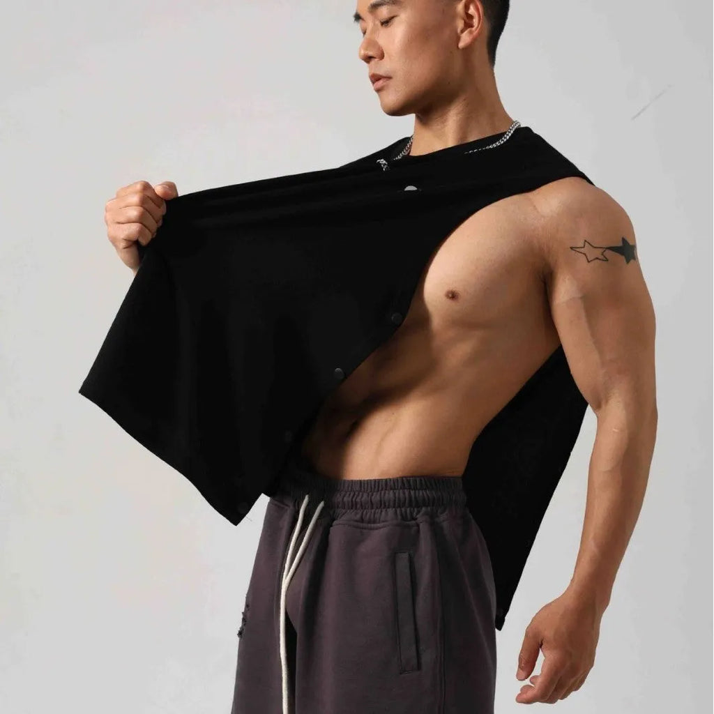 Men's grey Korean style cotton fitness vest showing hidden side hook opening detail.