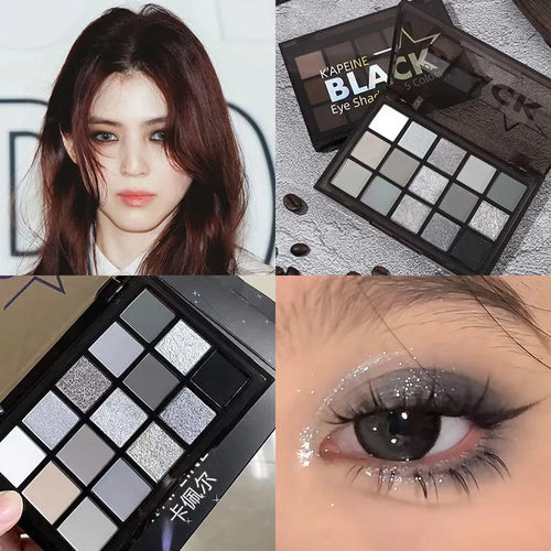 15-colour eye shadow palette showing matte and shimmer finishes in grey, black, brown and blue tones