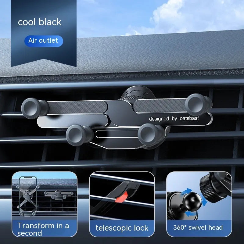 Aluminium alloy car phone holder clipped onto vehicle air vent in black colour