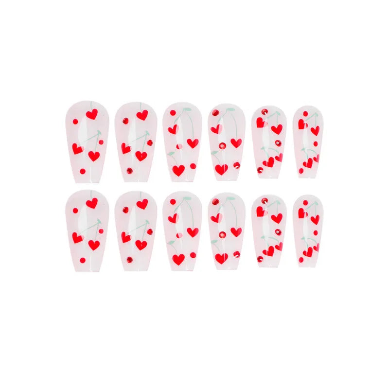 Self-adhesive nail wraps in JP1601 colour with French love red diamond and cherry pattern, pack of 24 with adhesive glue