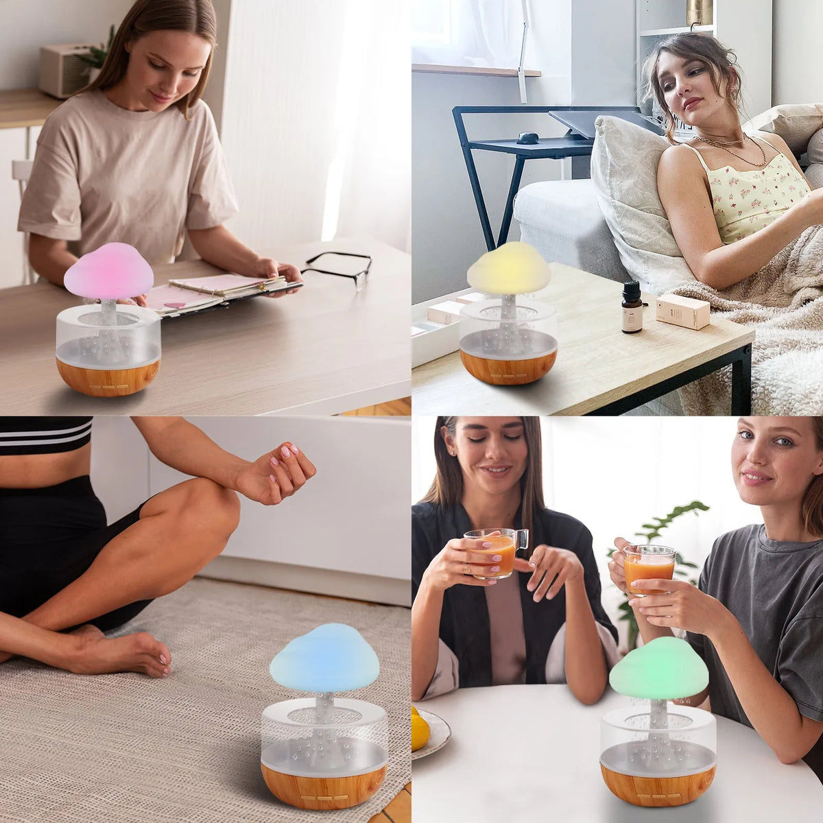 White cloud-shaped humidifier with night lights and water droplet effect on desktop