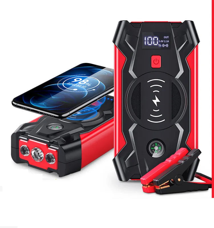 Red portable car jump starter unit with booster clamps and charger in storage box