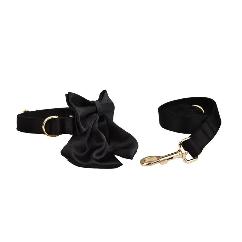 Soft cloth dog collar, leash, vest, and bow tie set shown in multiple colours for small to extra large dogs.