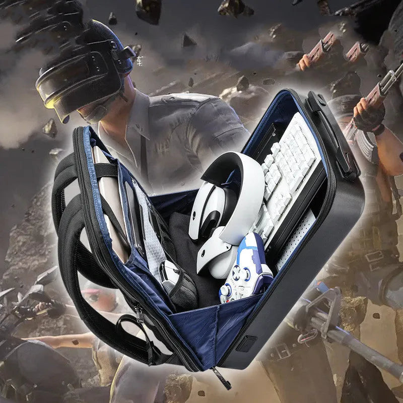 Hard shell PC gaming backpack showing lock opening, dual straps, and organisational compartments in black colour