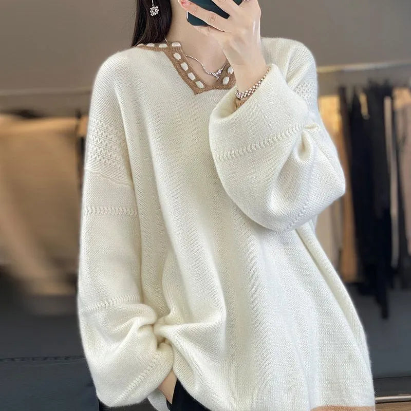 Women's camel colour V-neck viscose fibre pullover sweater with long sleeves