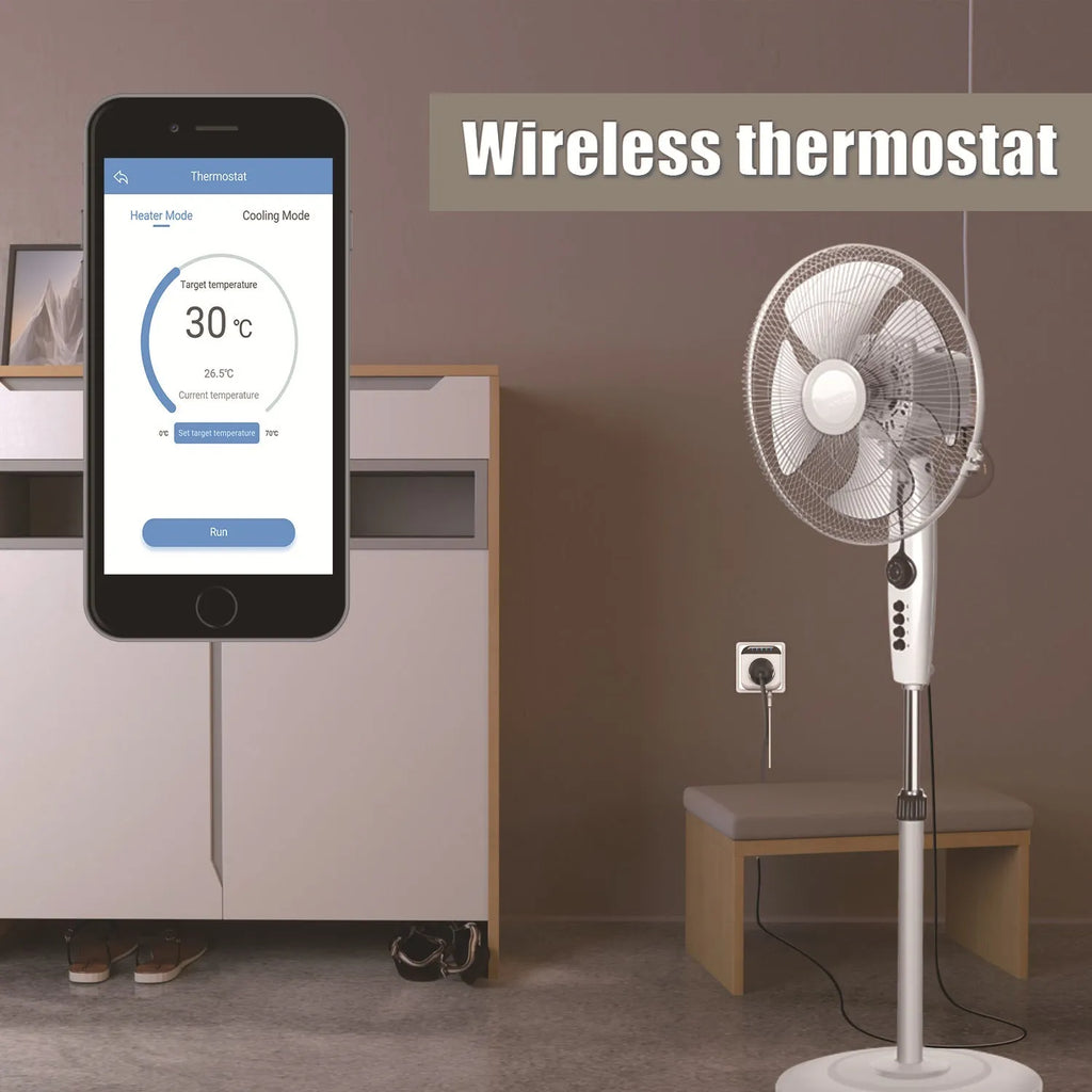 White Tuya WiFi smart temperature control socket with temperature sensor probe for US electrical outlets