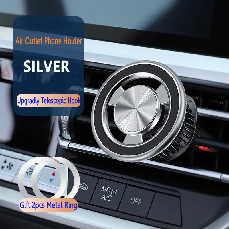 Car air vent magnetic phone holder with snap-on bracket in silver colour