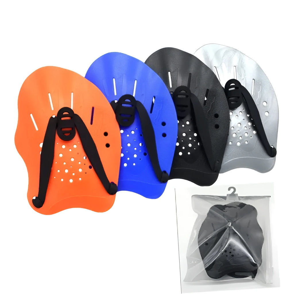 A pair of webbed swimming training paddle gloves for freestyle stroke development, shown in a dark blue colour with a yellow mirror belt.