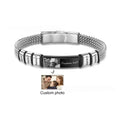 Men's stainless steel lettering bracelet with heart-shaped engraved beads on an adjustable brown leather rope strap.