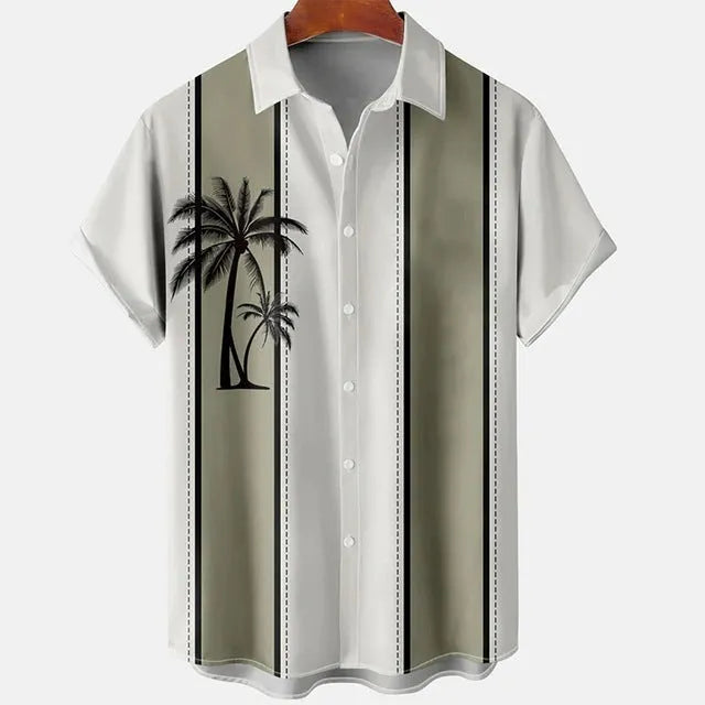 Men's slim-fit short sleeve shirt with a colourful 3D printed floral pattern on blue polyester fabric.