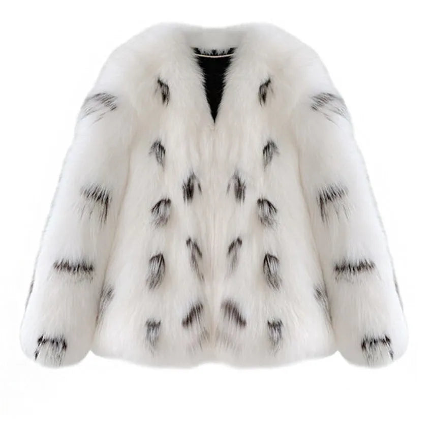 Women's black and white raccoon pattern faux fur coat in Korean street fashion style