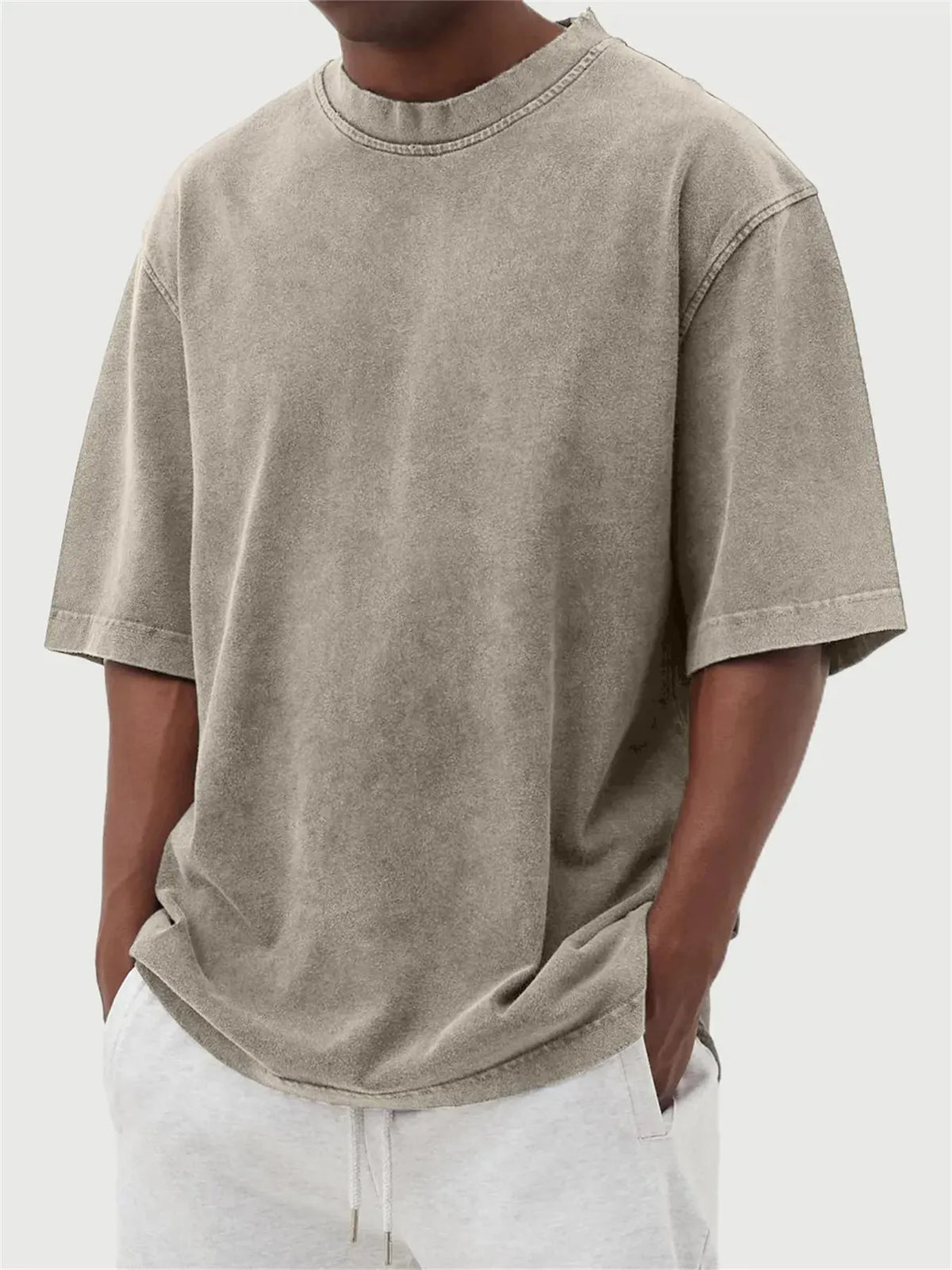 Men's stone washed polyester pullover t-shirt with distressed design in multiple colour options