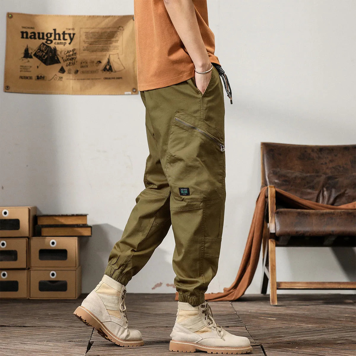 Men's loose cotton trousers with ankle banded design in four colour options