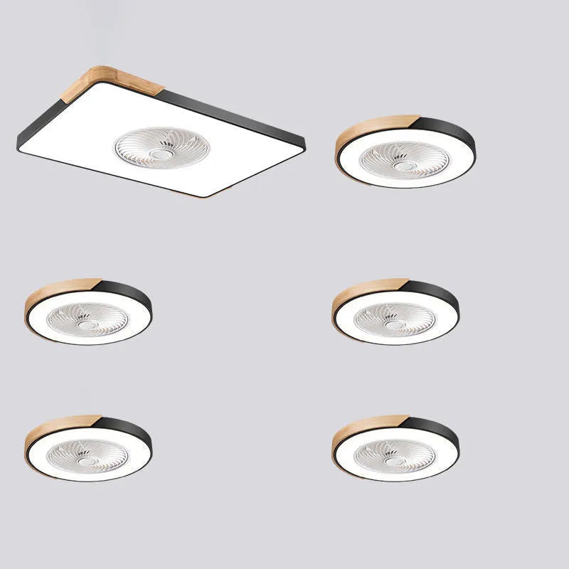 Nordic style ceiling fan and light fixture with solid wood mounting base on a white ceiling