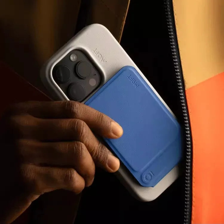 Magnetic mobile phone holder case in MOVAS leather with four colour options: black, blue, green, grey.