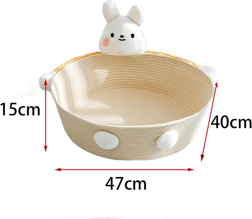 Woven cotton rope cat bed with integrated scratching board in three sizes for indoor cats