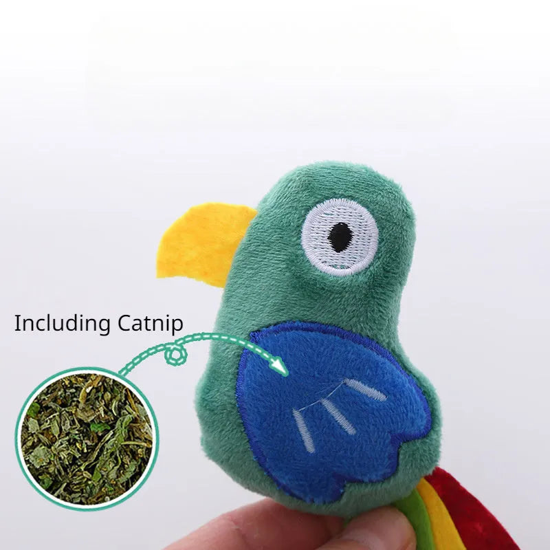 Soft plush cat toy shaped like a cow, crocodile, or parrot with catnip for interactive play.