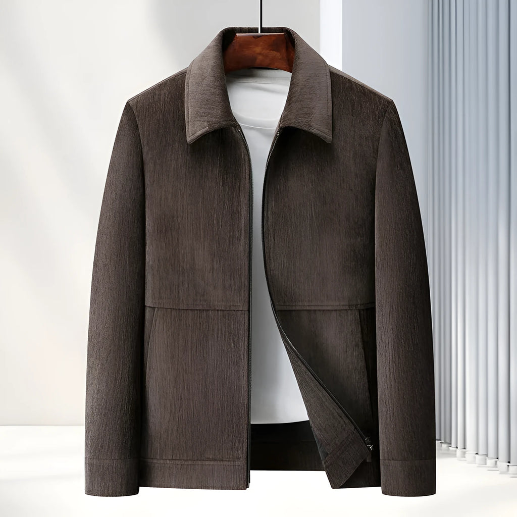 Men's slim fit casual coat with lapel collar in dark blue colour on a hanger.