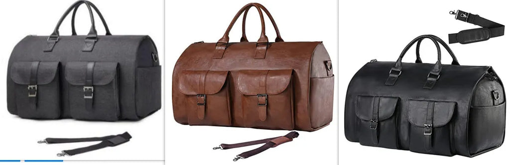 Convertible travel bag in black or brown PU leather with waterproof finish, 36-55L capacity, retro solid colour design.