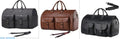Convertible travel bag in black or brown PU leather with waterproof finish, 36-55L capacity, retro solid colour design.