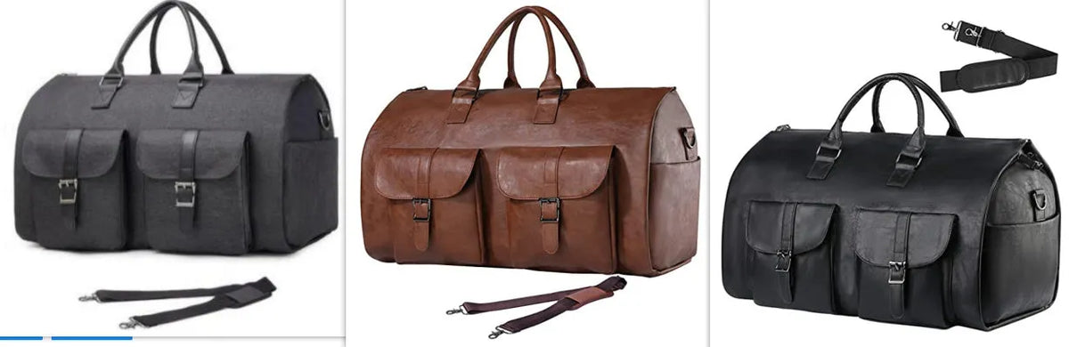 Convertible travel bag in black or brown PU leather with waterproof finish, 36-55L capacity, retro solid colour design.