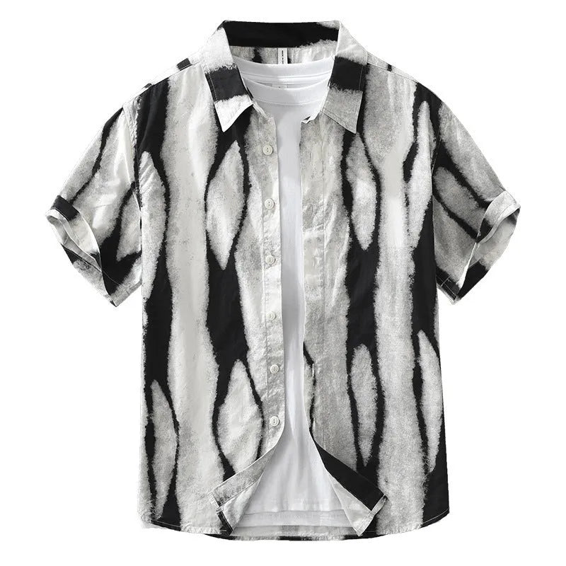 Men's black and brown striped short sleeve cotton shirt with retro cardigan style